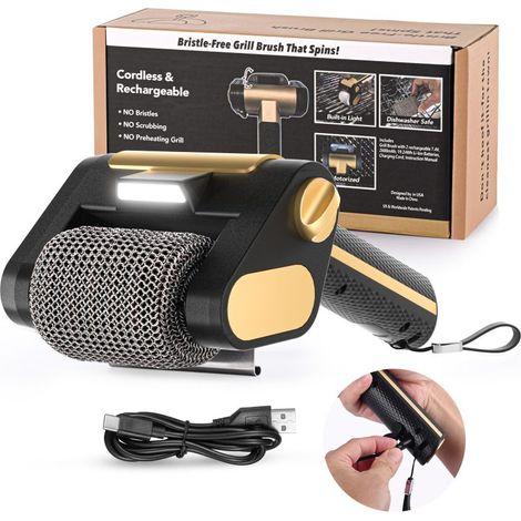 Spazzola elettrica per la pulizia del barbecue, senza setole, ricaricabile, con rullo in acciaio inox a 350 giri/min, LED, batteria da 2600 mAh (nera e oro)
