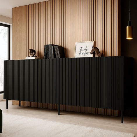 Sideboard Corana, Wohnzimmer-Sideboard mit vier Flügeltüren, hochgezogen, 200 x 42 x 82 cm, schwarz (1/5)