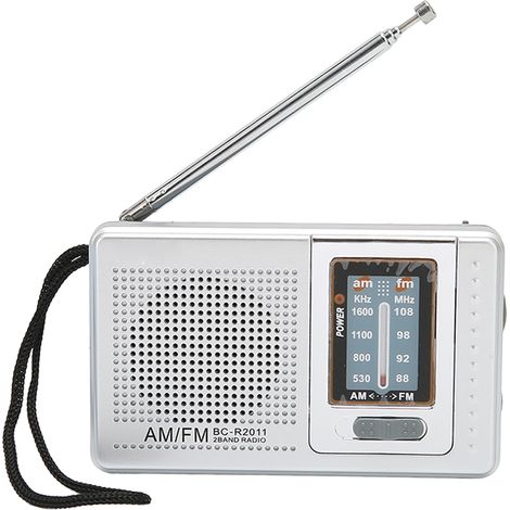 Radio AM/FM portable de poche, fonctionnant sur piles, avec haut-parleur intégré, gris argenté, idéale pour les voyages en extérieur. Fonctionne sur piles.
