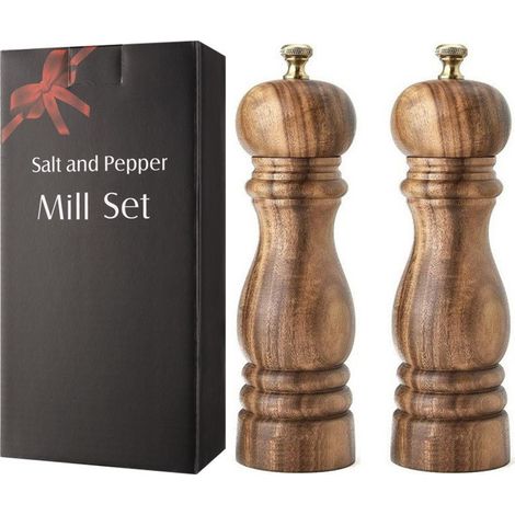 Ensemble moulin à poivre et salière en bois (2 pièces) — Fabriqué en bois d'acacia de qualité supérieure avec broyeurs en céramique réglables — 18 cm (7 pouces)