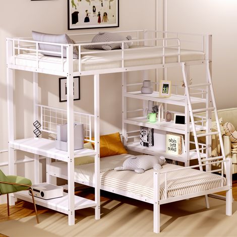 Lit superposé à cadre métallique,lit mezzanine 90200,lit multifonctionnel avec plusieurs compartiments de rangement,blanc (1/5)