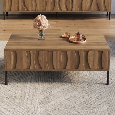 Tavolino da caffè in MDF e truciolare naturale 105 cm con 2 cassetti (1/5)