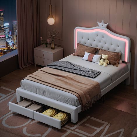 Cama de adulto 140x200 cm – Cama doble – Iluminación LED – Cabecero con forma de concha – Somier de láminas – Estilo princesa – Poliuretano (1/5)