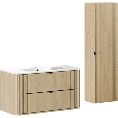 Set da bagno KORI: mobiletto sottolavabo 100cm + lavabo da incasso + colonna contenitore