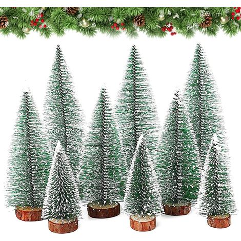 Mini sapin vert, 9 pièces de décoration de sapin, sapin de Noël artificiel, mini sapin de Noël, 3 tailles de sapin de Noël avec effet neige et socle en bois pour décoration de table, vitrine, fête de (1/5)