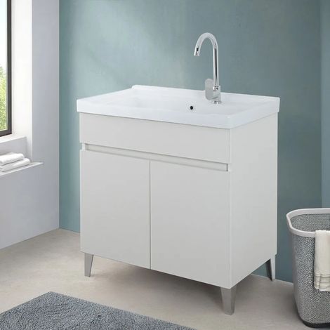 Mobile lavatoio 79x46,8 cm bianco frassinato con vasca in ceramica bianca (1/5)