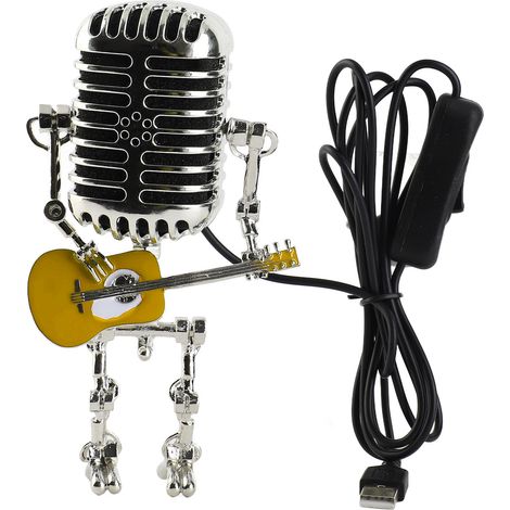Lampe de table robot guitare-microphone vintage USB en aluminium et métal, veilleuse rétro pour chambre, bureau, décoration intérieure jaune (1/5)