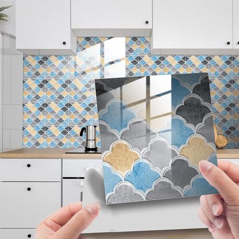 20 Pièces Carrelage Adhesif Mural Cuisine Salle de Bain Credence Adhesive pour Cuisine, Motif Rétro Dalle Pvc Adhesive Murale Carrelage Autocollant (Bleu-gris,20x20cm) (1/5)