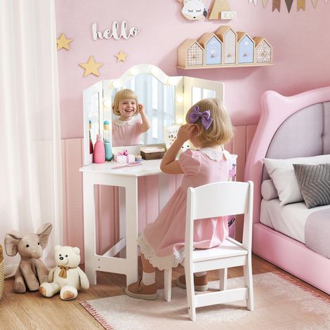 Coiffeuse enfant 2 en 1 avec tabouret miroir triptyque et lumières LED bicolores 93.6 x 48.5 x 111.5 cm blanc (1/5)