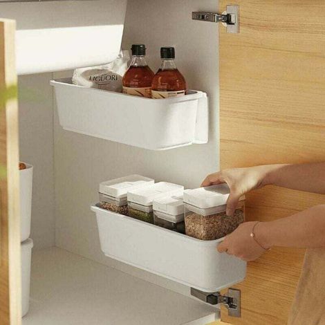 2 organisateurs de panier d'armoire de cuisine,Glissez les tiroirs de rangement en plastique,sous l'vier,organisateur du meuble, tiroir coulissant pour cuisine,salle de bain Undersink(blanc) (1/4)