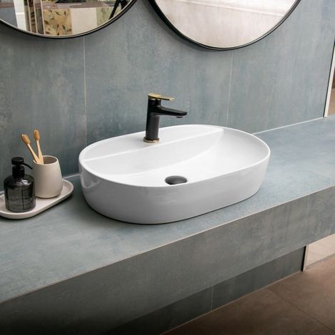 Lavabo bagno da appoggio design ovale ceramica bianca  K-LITOS-610 kamalu