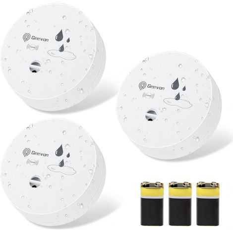 Lot de 3 détecteurs d'eau - 100 dB - Fonctionne avec piles - Pour cave, salle de bain, buanderie, cuisine, garage et grenier - Blanc (1/5)