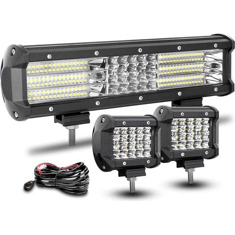 9D 30cm 12" 330W rampe led light barre avec 12V faisceau de câblage kit, 2 x 10cm 60W feux antibrouillard, blanc barre d'éclairage led pour 4x4 auto offroad véhicules tracteur camion (1/5)