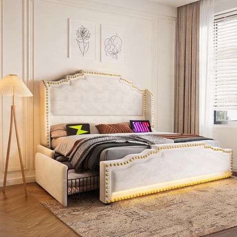 Cadre de lit beige en velours 214 x 169 x 120 cm (1/5)