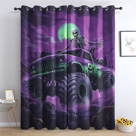 Rideau Occultant Monster Truck - Décoration Squelette, Rideau Thermique Motif Tête de Mort Gothique, Lot de 2 Rideaux Opaque à Oeillets pour Fenetre Chambre Salon, 140x160 cm (LxH) - 2x L 140 X H 160 (1/5)