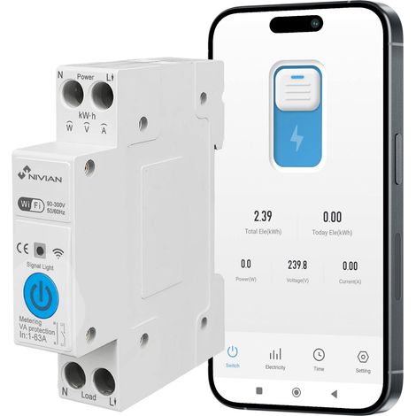Interrupteur rail DIN WiFi avec compteur de consommation Smart Home - Télécommande par application, protection électrique 1-63 A, automatisations (1/5)