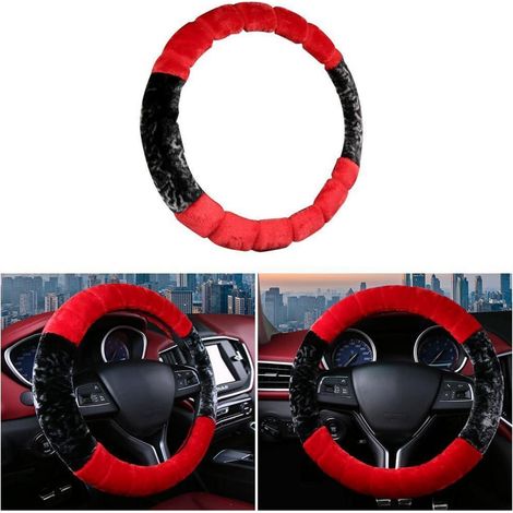 Housse de volant en peluche pour voiture, universelle, antidérapante, rouge (1/5)