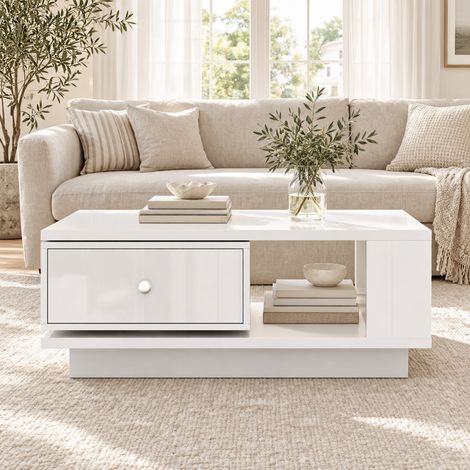 Mesa de centro blanca 90x48x35 cm de MDF con cajón giratorio para salón – MEUBLIV (1/5)