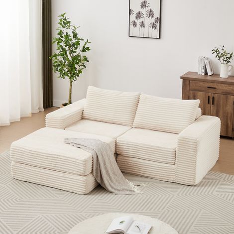 Divano letto modulare 2 in 1 in velluto a coste beige con 2 cuscini e pouf estraibile (1/5)