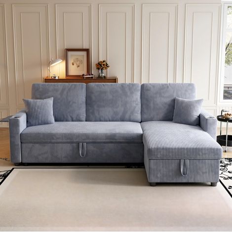 Sofá cama modular con almacenamiento, puertos USB y Type C, posavasos, corduroy gris (1/5)