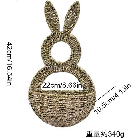 Panier mural suspendu en osier tressé forme lapin, décoration murale créative pour plantes et fleurs (1/5)