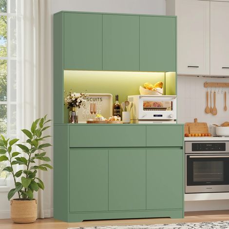 Meuble Cuisine Rangement avec LED, Buffet Cuisine avec 2 prises 2 USB, Meuble Cuisine, Vaisselier avec Étagère Réglable 6 Portes 2 Tiroirs 100x38.5x180cm-Green (1/5)