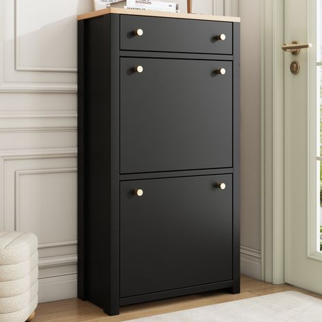 Zapatero con 1 cajón, 2 abatibles, MDF negro efecto madera 50 x 24 x 95 cm OKMYHOME (1/5)