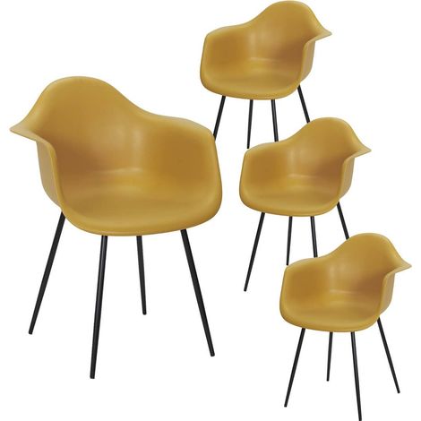 OMER - Lot de 4 Chaises Coque Accoudoirs Jaunes Piètement Métal (1/5)
