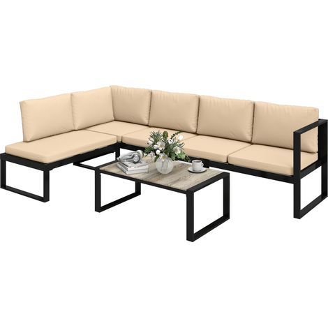 Outsunny conjunto de jardín exterior de 4 piezas, muebles jardín exterior con 2 sofás de 2 plazas, 1 sillón sin brazos y mesa de centro, cojines caqui