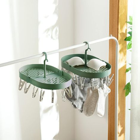 Lot de 2 séchoirs à suspendre, séchoirs à chaussettes, séchoirs pliables en plastique avec crochet pivotant à 360° pour sous-vêtements, chaussettes, séchoirs à linge avec 14 épingles à linge (vert) (1/5)