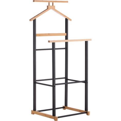 Idimex – Valet de chambre en bambou noir et naturel – Cintre pour veste et chemise – Support pour pantalon et cravate – Design élégant (1/4)