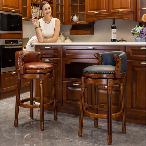 Taburete de bar giratorio, con respaldo curvado, cuero auténtico y madera, azul (1/5)