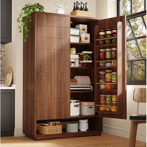 MODFU – Armadio alto 100x40x162,5 cm in MDF/metallo con 8 ripiani, ante push-to-open e carico 15 kg per livello – Marrone scuro (1/5)