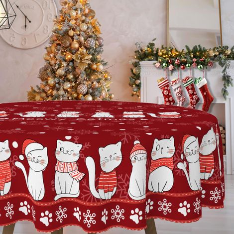 [Nappe de Table Festive] Nappe de Table Festive, 1pc, Motif Chat Amusant, Ambiance Noël Flocon Neige, Bord Embossé, Adapté pour Maison, Fête Décoratio (1/5)