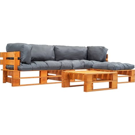 Canapés de jardin palette 4 pcs avec coussins gris Bois 6 (1/5)