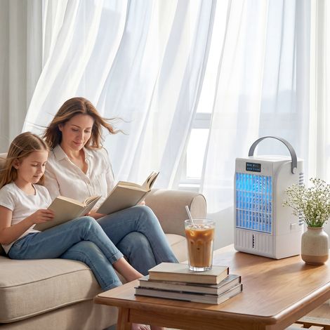 Climatiseur portable. mini rafraîchisseur d'air 4 en 1. 4 vitesses. 2 modes brumisation. éclairage LED RGB. blanc