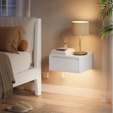 Vasagle – Table de chevet suspendue avec lumière 3 couleurs – Tiroir pratique – Dimensions 35 x 40 x 18 cm – Design moderne blanc nuage