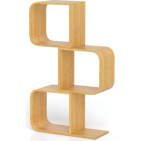 Bibliothèque naturelle en bambou en forme de S à 3 niveaux avec 3 niches ouvertes et kit anti-basculement pour salon chambre et (1/5)