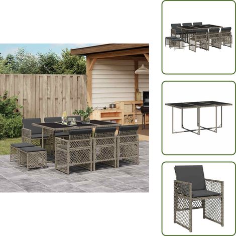 11-tlg. Garten-Essgruppe mit Kissen Grau Poly Rattan - Garten Essgruppe - Garten Essgruppen - Outdoor Essgruppe - Terrasse Essgruppe (1/5)