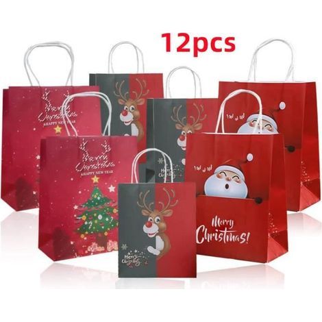 Sac cadeau de Noël - MARQUE - 12 sacs en papier kraft - Vert foncé et rouge - 27x21x11 cm - Écologique (1/4)