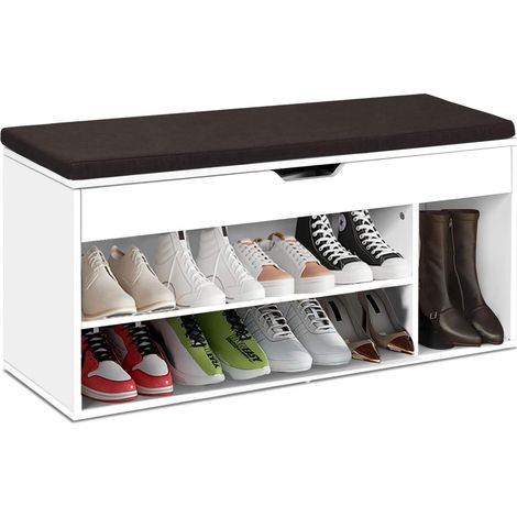 GOPLUS Banc a Chaussures avec Coussin, Meuble a Chaussure Multifonctionnel en Bois, Commode a Chaussures pour Entree, 104 x 30 x 48CM, Blanc/Bois (Blanc) (1/5)