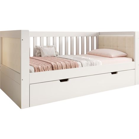 Lit banquette 90x190 avec lit gigogne 90x190 en bois blanc, dossier 3 côtés avec accoudoirs rembourrés, sommier inclus, pour chambre d'amis  CHICFURN (1/5)
