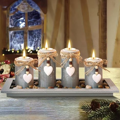 Bougeoir Ensemble,4pcs Bougeoirs Vintage Ensemble avec Palette en Bois Gris et Galets,Chandelier Photophore pour Mariage,Dîner Aux Chandelles,Décoration d'Intérieur,Bougeoirs Cadeau Fille Noël (1/5)