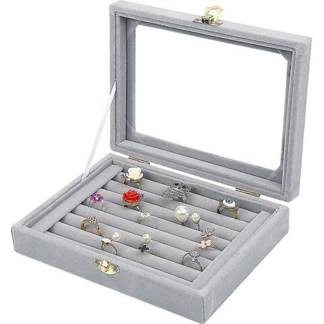 Présentoir à bijoux en verre velours, boîte de rangement pour bagues, boucles d'oreilles, boîte à bijoux, étui porte-anneau (gris) (1/5)