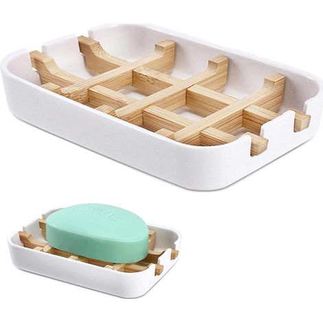 1 Porte Savon Bambou Durables et Respectueux de l'environnement en Bambou Naturel avec égouttoir en Fibre Antidérapant,pour Stockage éponges Cuisine Accessoires de Sallepas de Couvercle (Blanc) (1/5)