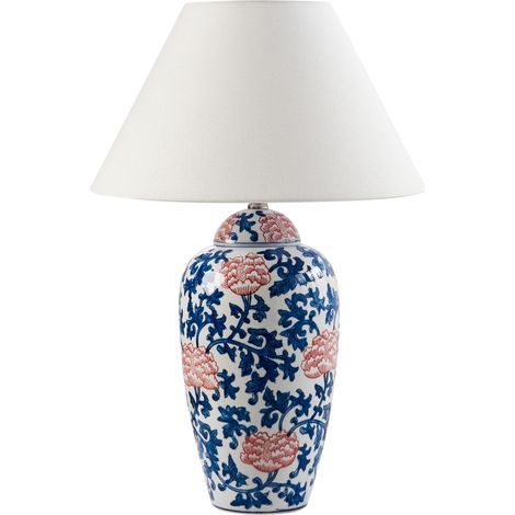 Lámpara de mesa elegante con base de porcelana con diseño floral pantalla de campana de lino iluminación blanco y azul Verusa