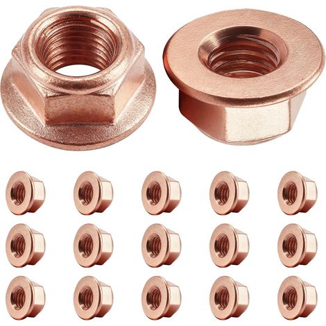 Lot de 20 écrous d'échappement M8 hexagonaux, écrous de collecteur d'échappement de voiture, boulons M8, écrous en cuivre autobloquants, écrous hexagonaux en cuivre, écrous d'échappement (1/5)