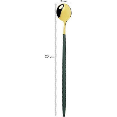 Ensemble de 4 cuillères à glace, dessert et thé en acier inoxydable à long manche (20 cm), cuillères à café colorées, couverts de cuisine, vert et or. (1/5)