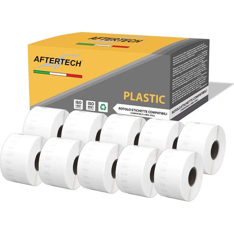 Aftertech 10x 11356P 41x89mm Rotoli di Etichette PLASTICHE IMPERMEABILI adesive compatibili (300 Etichette/rotolo = 3000 totali) per etichettatrici stampanti Dymo LabelWriter 10x11356PLA