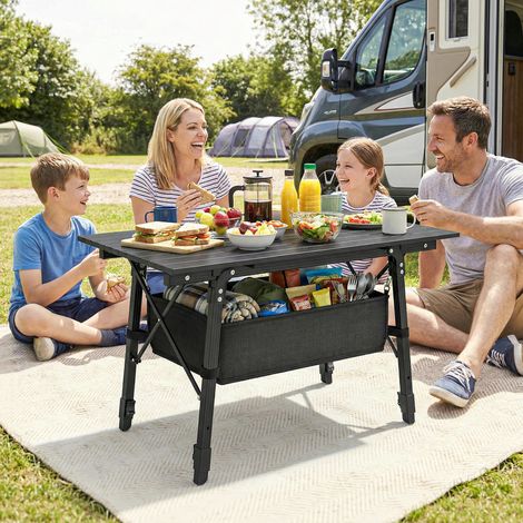 Table de camping avec panier de rangement. réglable en hauteur. pliable. en aluminium. noire (1/5)